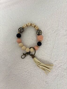 Hand Crafted “Gigi” Beaded Wristlet Keychain with Tassel - Peach, Black & Cream